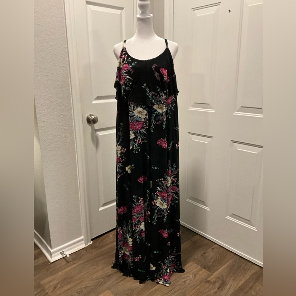 Torrid Floral Hacci Knit Black Fluted Maxi Dress Tiered Vine k Sleeves 2X Women